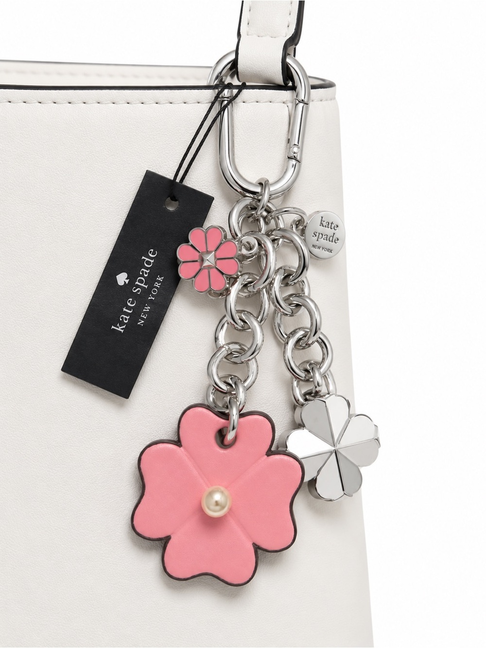 Kate Spade flower bag charm smooth leather construction silver hardware $98 NWT